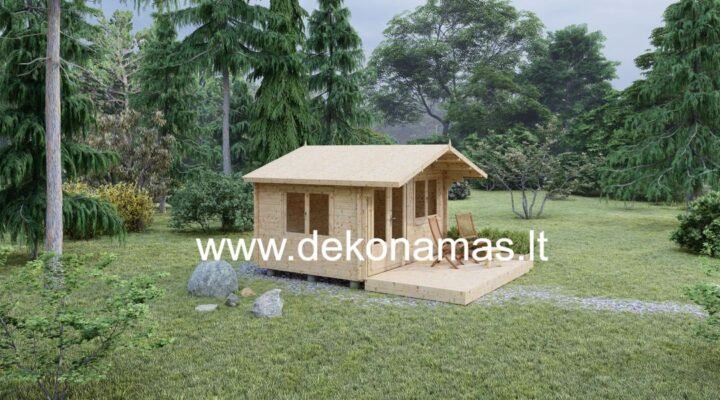 Medinis namelis MAGDE 5×4 m (20 m²) iš 44 mm sienojų ant įsukamų polių, surinktas kaip LEGO, su dvigubu karkasu.