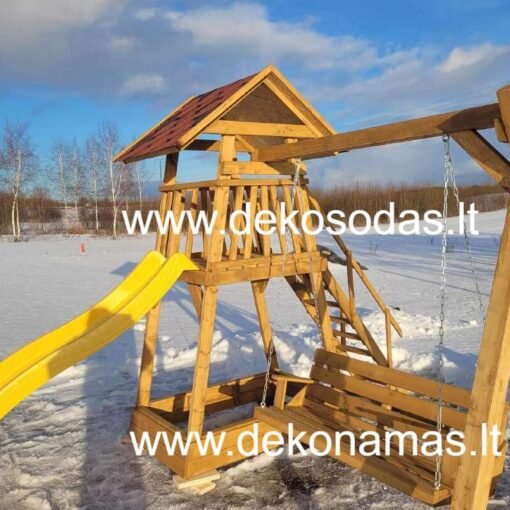 Medinė vaikų žaidimų aikštelė iš pušies, 1,80×4,50 m, su nameliu, supynėmis, smėliadėže ir laipiojimo sienele