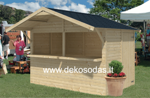 Prekybinis kioskas 200×300 cm iš medienos, lengvai surenkamas pagal instrukciją, tinkamas mugėms ir prekybai.