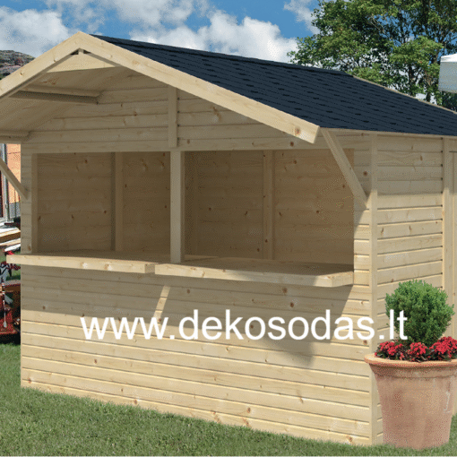 Prekybinis kioskas 200×300 cm iš medienos, lengvai surenkamas pagal instrukciją, tinkamas mugėms ir prekybai.