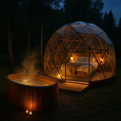 Skaidrus kupolo namelis su terasa ir Ofuro vonia dviems gamtoje