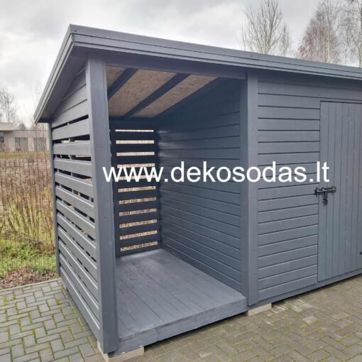 Medinė malkinė ir sandėliukas 3.5×2 m lauko erdvėms, konteinerių talpykla ir malkoms laikyti