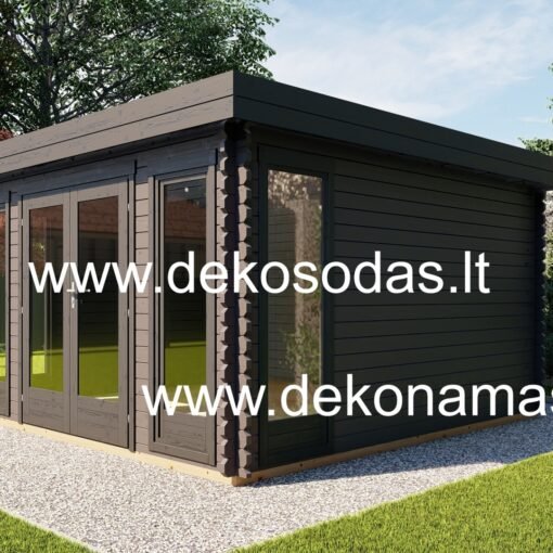 Medinis sodo namelis SOLIX PRO 390×300 cm, 40 mm, su dvivėrėmis durimis ir keturiais langais
