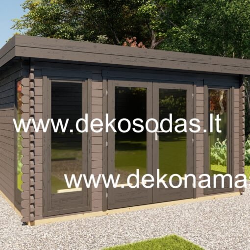 Medinis sodo namelis SOLIX PRO 390×300 cm, 40 mm, su dvivėrėmis durimis ir keturiais langais