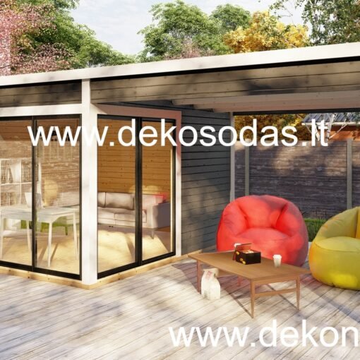 Medinis sodo namelis Premium 360 × 370 + 360 × 370 cm, 45 mm sienojai