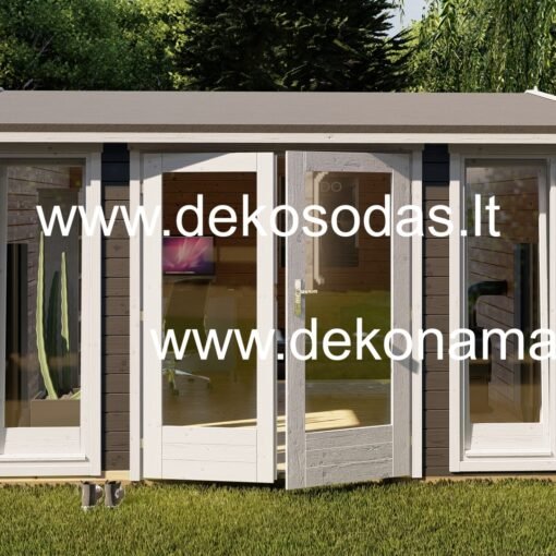 Medinis sodo namelis 390×300 cm su 40 mm sienojais, didelėmis dvivėrėmis durimis ir langais. Tinka sandėliavimui, darbui ir poilsiui. Galimybė užsakyti su grindimis.