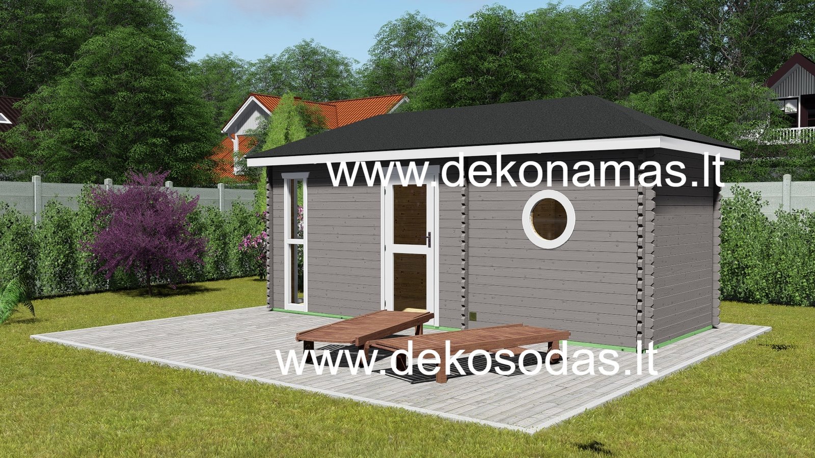 pirtis iš sienojų su drebulės gultais ir medine konstrukcija