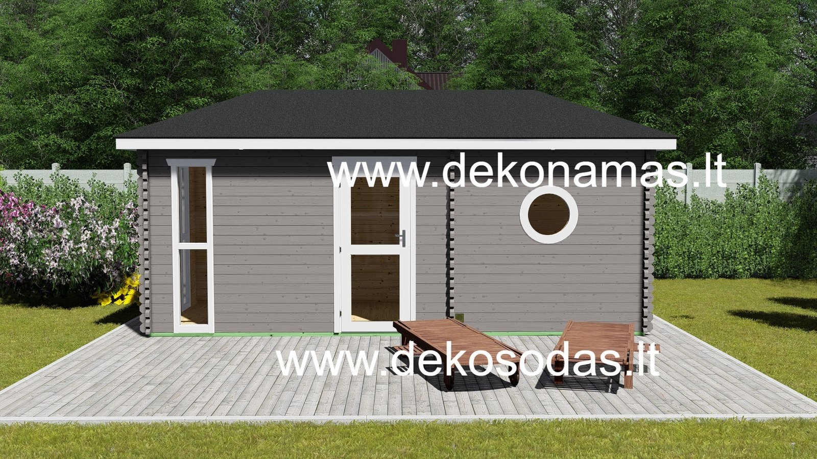 Pirtis „Edenberg“ – 580 × 240 cm, 45 mm sienojai su dviem patalpomis ir prieškambariu