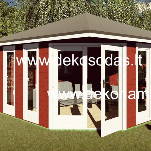 kampinis medinis sodo namelis 400x400 cm iš 40 mm sienojų su dideliais langais