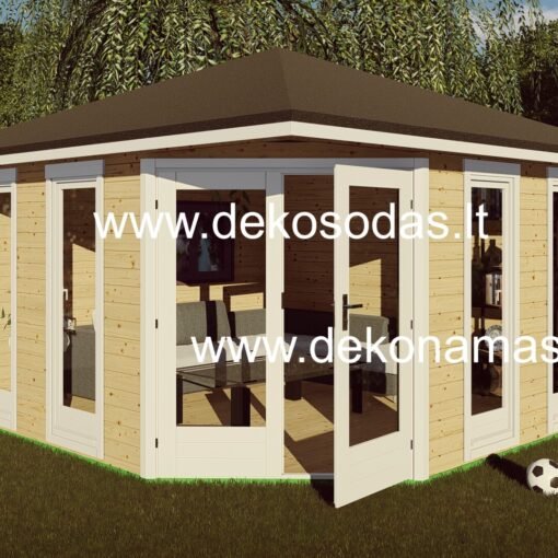 kampinis medinis sodo namelis 400x400 cm iš 40 mm sienojų su dideliais langais