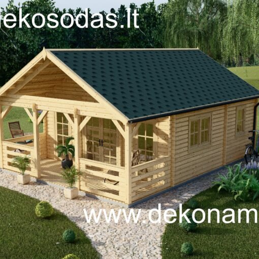 Medinis vasarnamis LORA 595x795 cm, trijų kambarių sodo namelis su terasa ir antresole