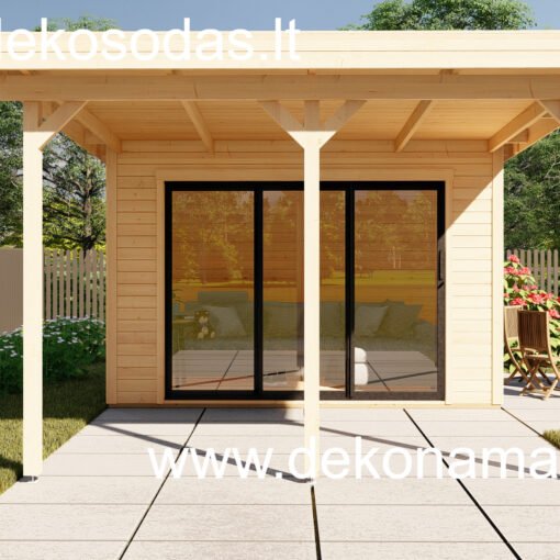 Sodo namelis BELA su terasa, 28 mm sienos, stiklinės durys ir stoginė iš priekio