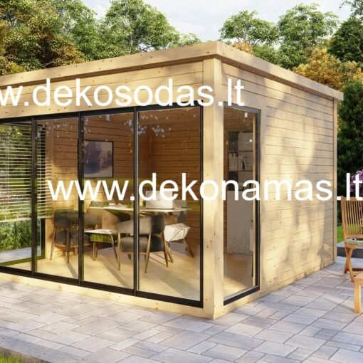 Medinis sodo namelis Fredo su 45 mm storio sienomis, 360x370 cm matmenų, su aliuminio durimis ir langais