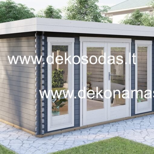 Medinis sodo namelis 390x390 cm su dvivėrėmis durimis ir langu, 40 mm sienos storis