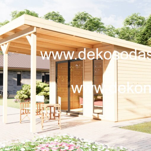 Medinis sodo namelis su stogine VERDONA  360×360 + 280 cm | 28 mm sienos