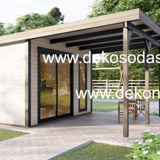 Medinis sodo namelis su stogine 360x360 cm, 28 mm sienos, aliuminio slankiosios durys ir langas