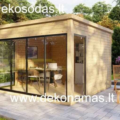 Modernus sodo namelis „Vetra“ su stiklinėmis stumdomomis durimis ir vitrininiais langais – puikus pasirinkimas poilsiui ar darbui sode