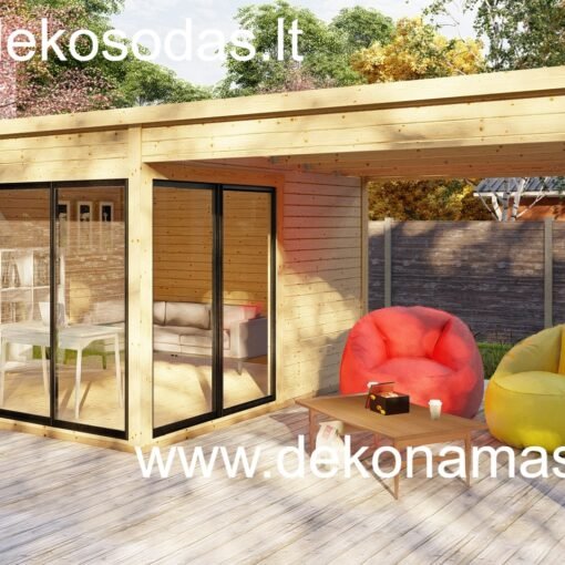 Medinis sodo namelis 720x370 cm su terasa ir stiklinėmis durimis, sienų storis 45 mm