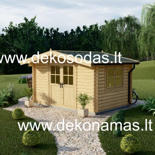 Priekinis sodo namelio DELINA 395x295 cm vaizdas su dvivėrėmis durimis