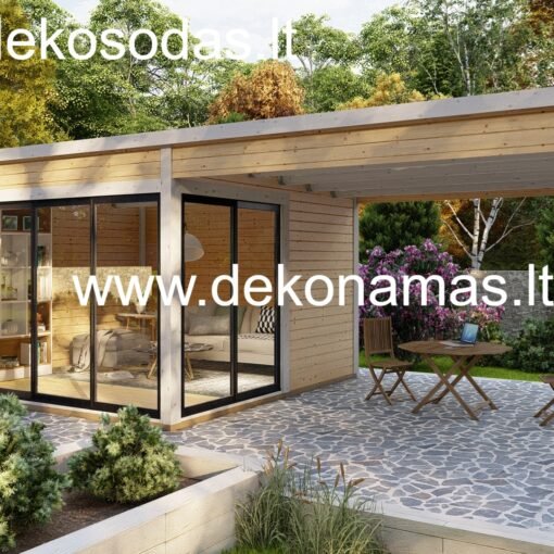 Medinis sodo namelis AUBEN 360x370 + 360x370 cm, 45 mm sienų storio, su stumdomomis durimis ir plačia erdve