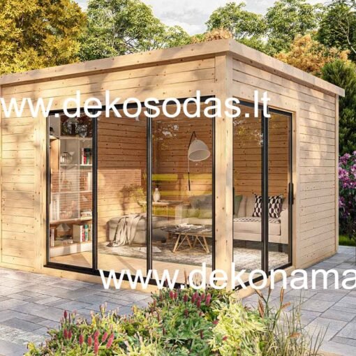 Medinis sodo namelis AUBEN 360x370 cm, 45 mm sienų storio, be stoginės, su stumdomomis aliuminio durimis