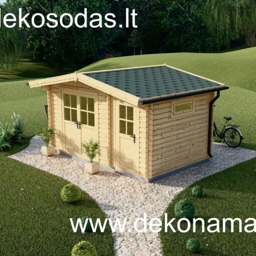 Medinis sodo namelis CORNE 440x295 cm su langais, natūralios spalvos, pastatytas pievoje