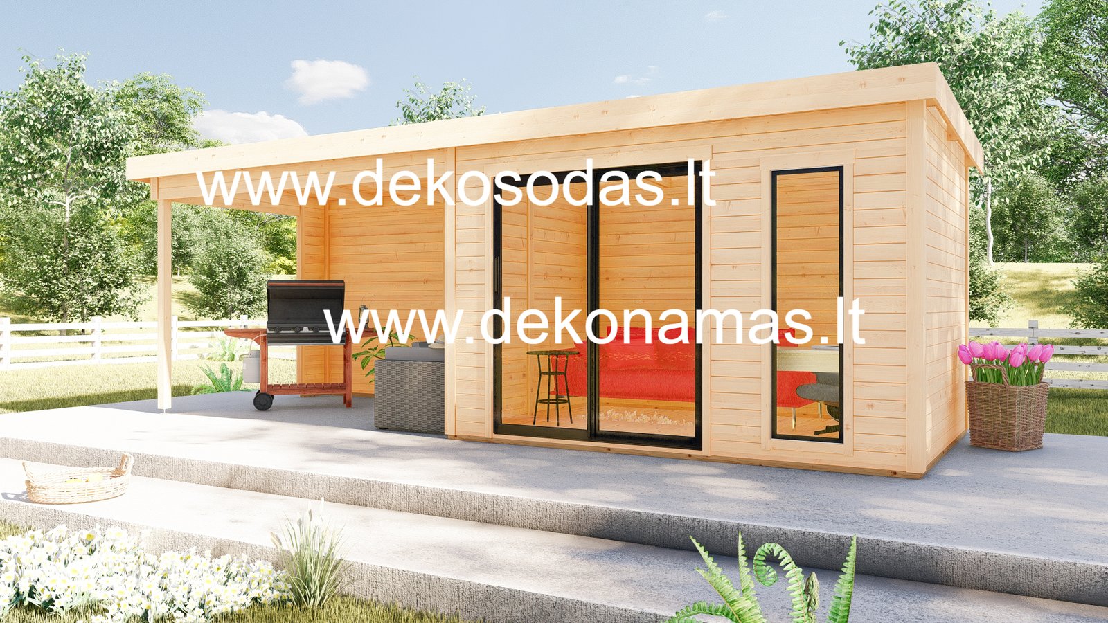 Medinis sodo namelis FINERINO 360x245 cm su stiklinama pavėsine ir 360 cm stogine