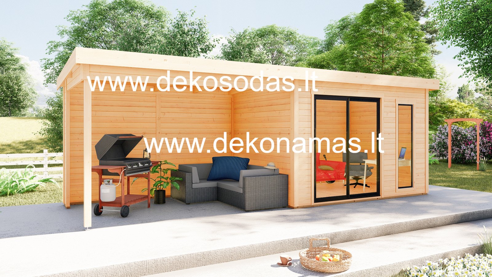 Medinis sodo namelis FINERINO 360x245 cm + stoginė 360 cm, 28 mm sienų storio – stiklinama pavėsinė poilsiui ir stoginė Jūsų kiemui - Image 2