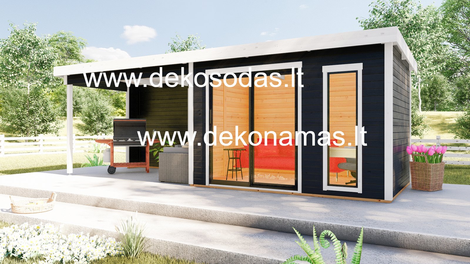 Medinis sodo namelis FINERINO 360x245 cm + stoginė 360 cm, 28 mm sienų storio – stiklinama pavėsinė poilsiui ir stoginė Jūsų kiemui - Image 5