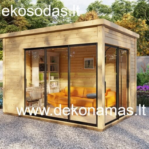Sodo namelis Flach, 360x250 cm, 45 mm sienų storis, su dviem aliuminio stumdomomis durimis ir saugos stiklu