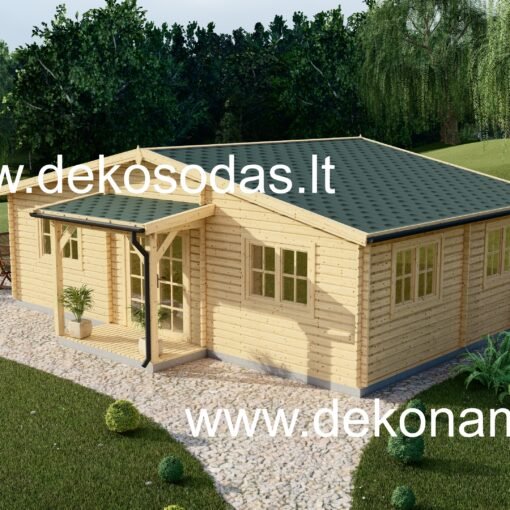 Medinis sodo namelis FRONTEMO 9x5.95 m 66 mm. su priestatu ir terasa