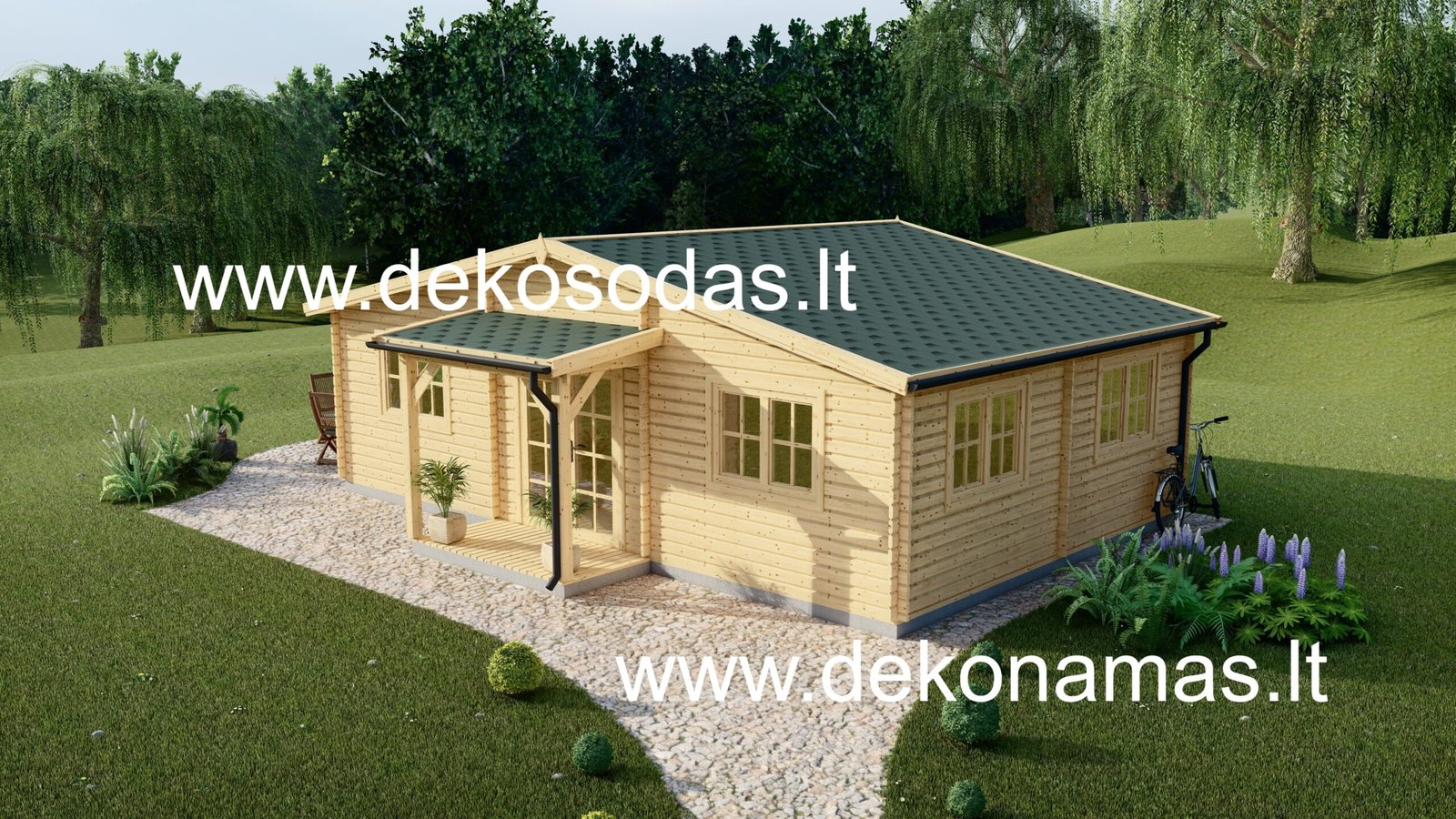 Medinis sodo namelis FRONTEMO 9x5.95 m 44 mm. su priestatu ir terasa