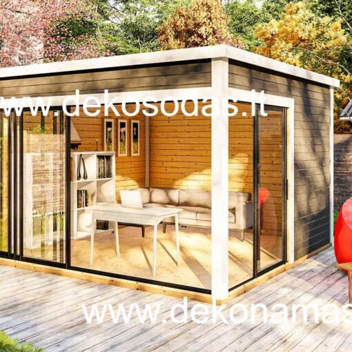 sodo namelis GAZERO 360x370 cm, stiklinis sodo namelis, modernus medinis namelis, aliuminio durys, grūdintas stiklas