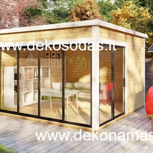 sodo namelis GAZERO 360x370 cm, stiklinis sodo namelis, modernus medinis namelis, aliuminio durys, grūdintas stiklas