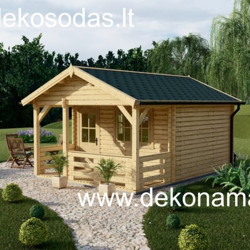 Nuotraukoje pavaizduotas sodo namelis Latera – iš natūralios medienos pagamintas 5.55 x 3.95 m statinys su 5.7 m² terasa, aukštomis šoninėmis sienomis ir klasikiniu stogo nuolydžiu. Tinka sodo poilsiui, darbui ar kaip svečių namelis.