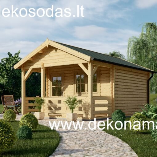 Medinis sodo namelis Latera su terasa, 44 mm sienų storio, pastatytas kieme, puikiai tinkantis poilsiui ar darbui.