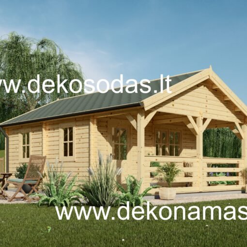 Medinis namelis Werrena 6,8 × 5 m – 44 mm storio sienos, terasa 8,3 m²