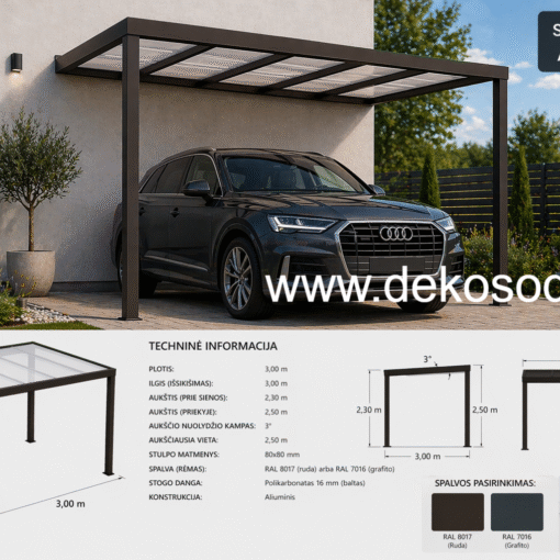 Aliuminio stoginė 3x3 m automobiliui | Stoginė su montavimu