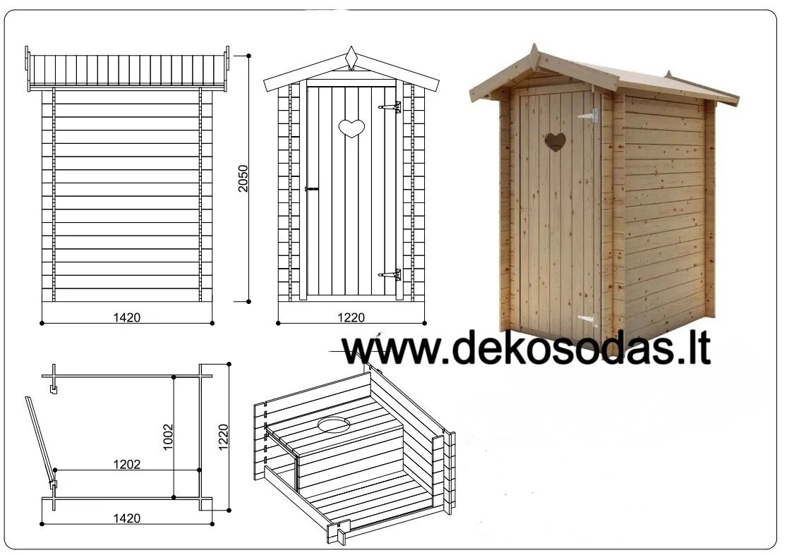 Medinis lauko tualetas su dvislaiciu stogu