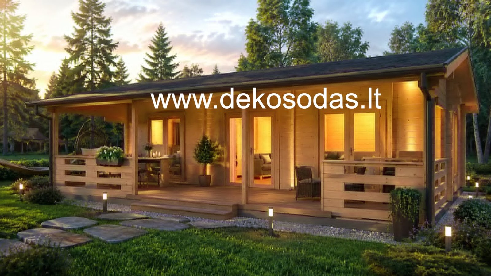Medinis sodo namelis „Saulė“ 8,95 × 3,7 m su terasa (44 mm)