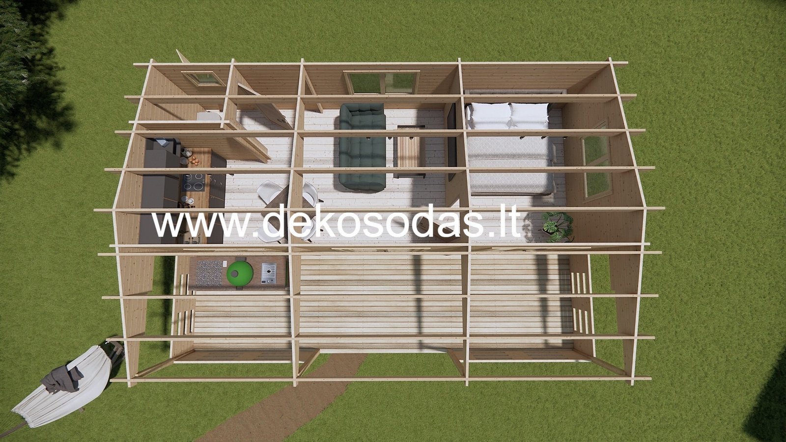 Medinis sodo namelis „Saulė“ 8,95 × 3,7 m su terasa (44 mm) - Image 9
