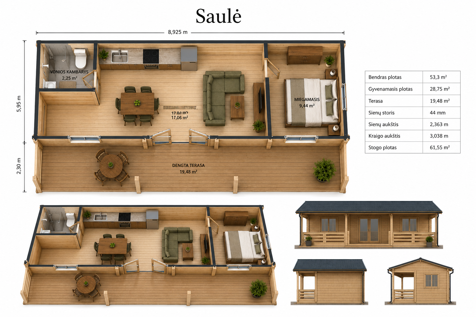 Medinis sodo namelis „Saulė“ 8,95 × 3,7 m su terasa (44 mm) - Image 10