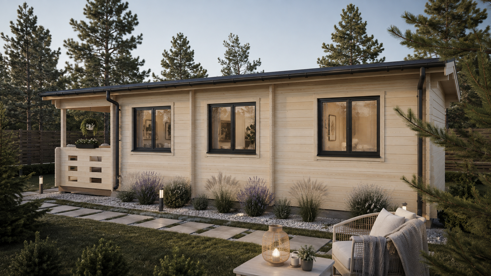 Medinis namas LŪNA 52,5 m² su terasa ir 44 mm sienomis