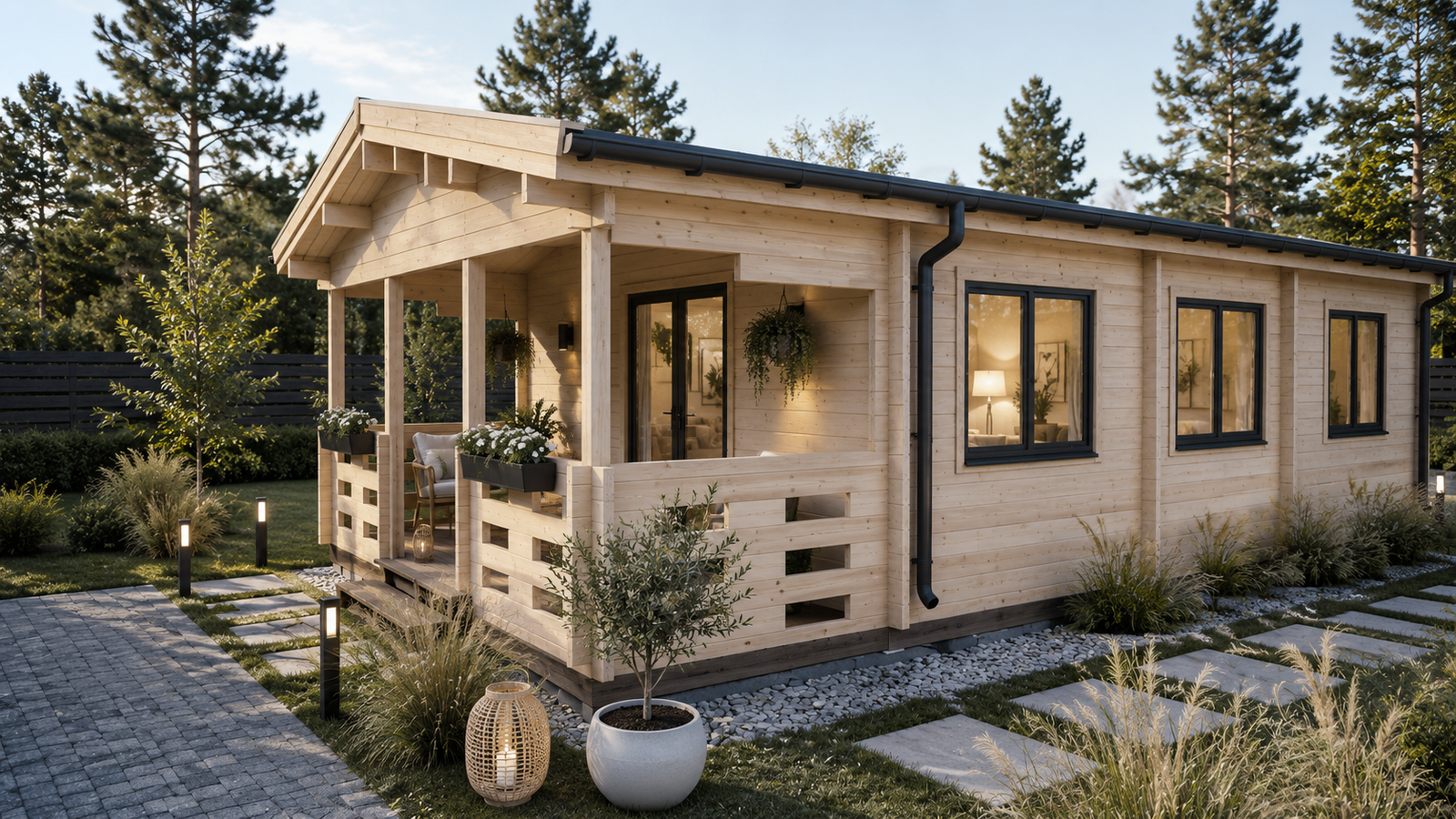 Medinis namas LŪNA 52,5 m² su terasa ir 44 mm sienomis
