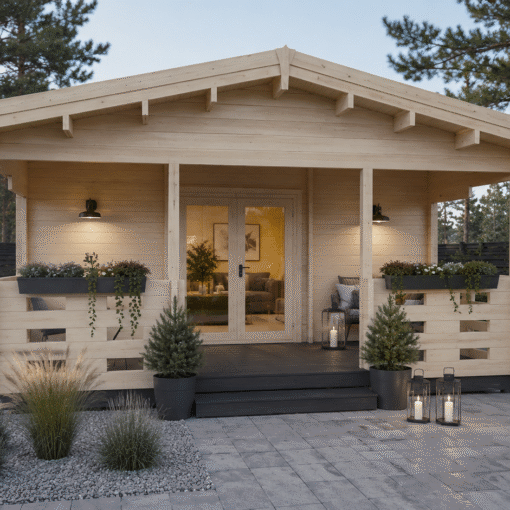 Medinis namas LŪNA 52,5 m² su terasa ir 44 mm sienomis