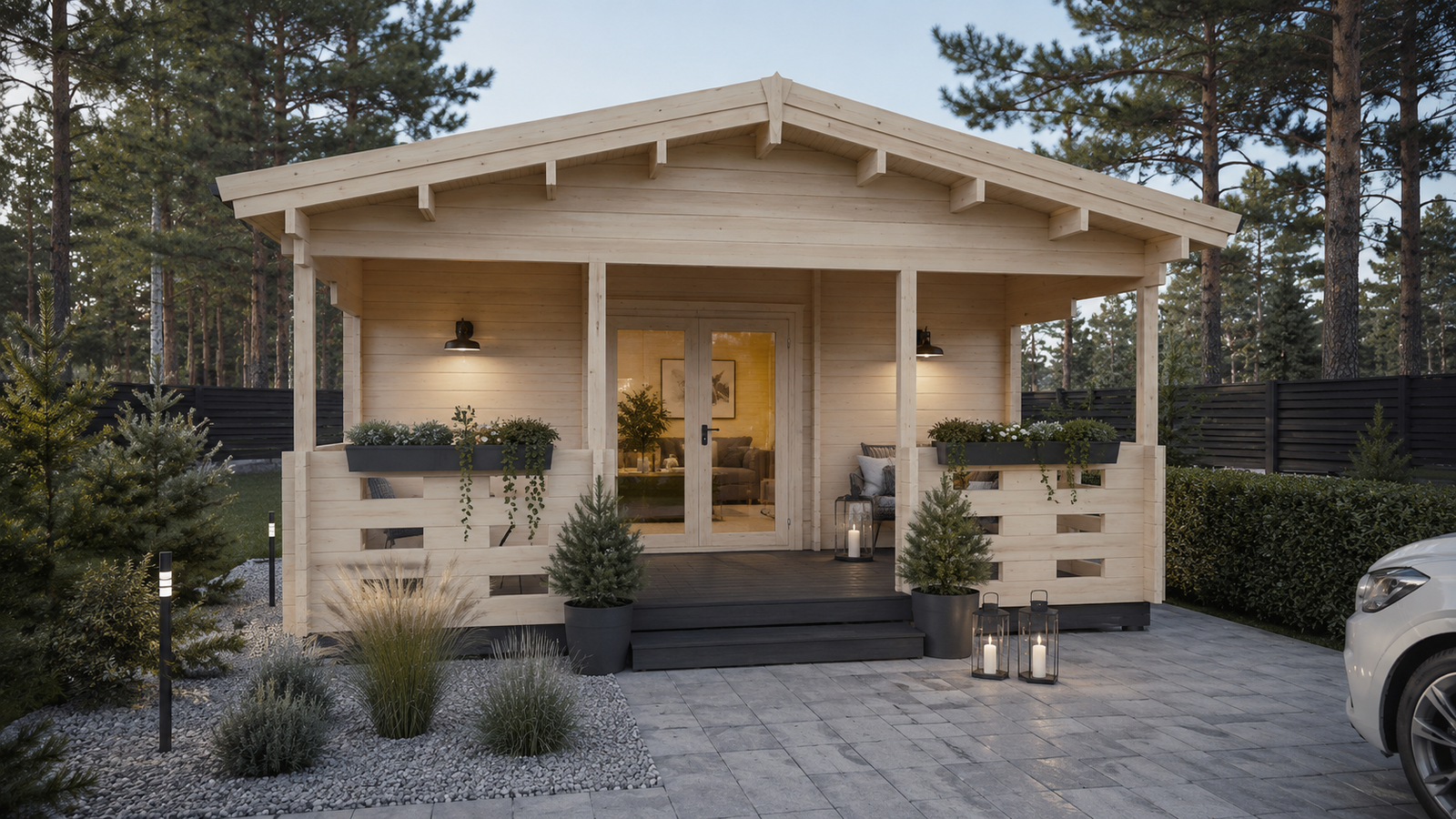Medinis namas LŪNA 52,5 m² su terasa ir 44 mm sienomis