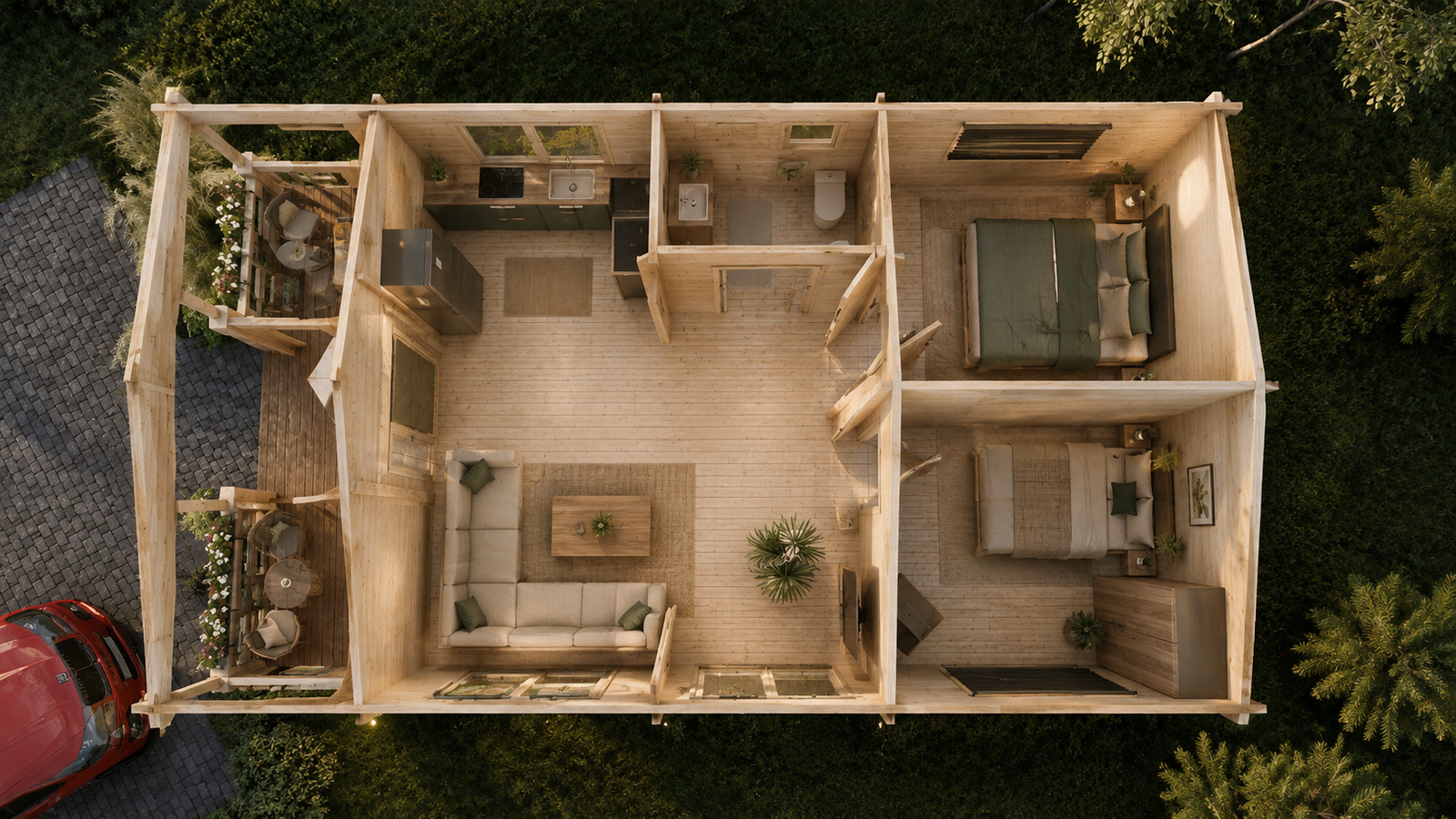 Medinis namas LŪNA 52,5 m² su terasa ir 44 mm sienomis