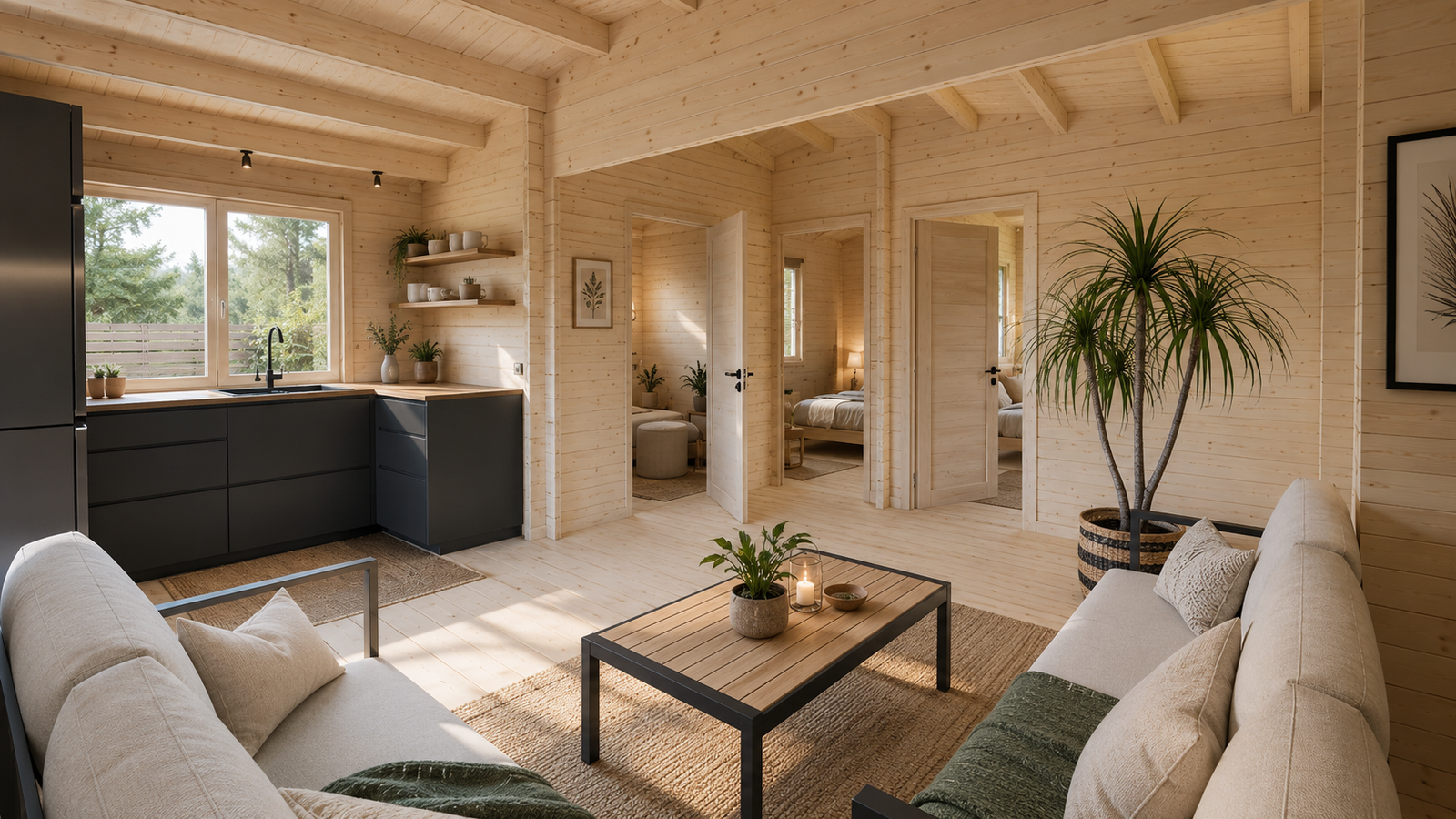 Medinis namas LŪNA 52,5 m² su terasa ir 44 mm sienomis