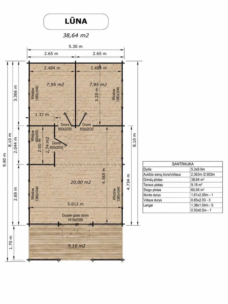 Medinis namas LŪNA 52,5 m² su terasa ir 44 mm sienomis