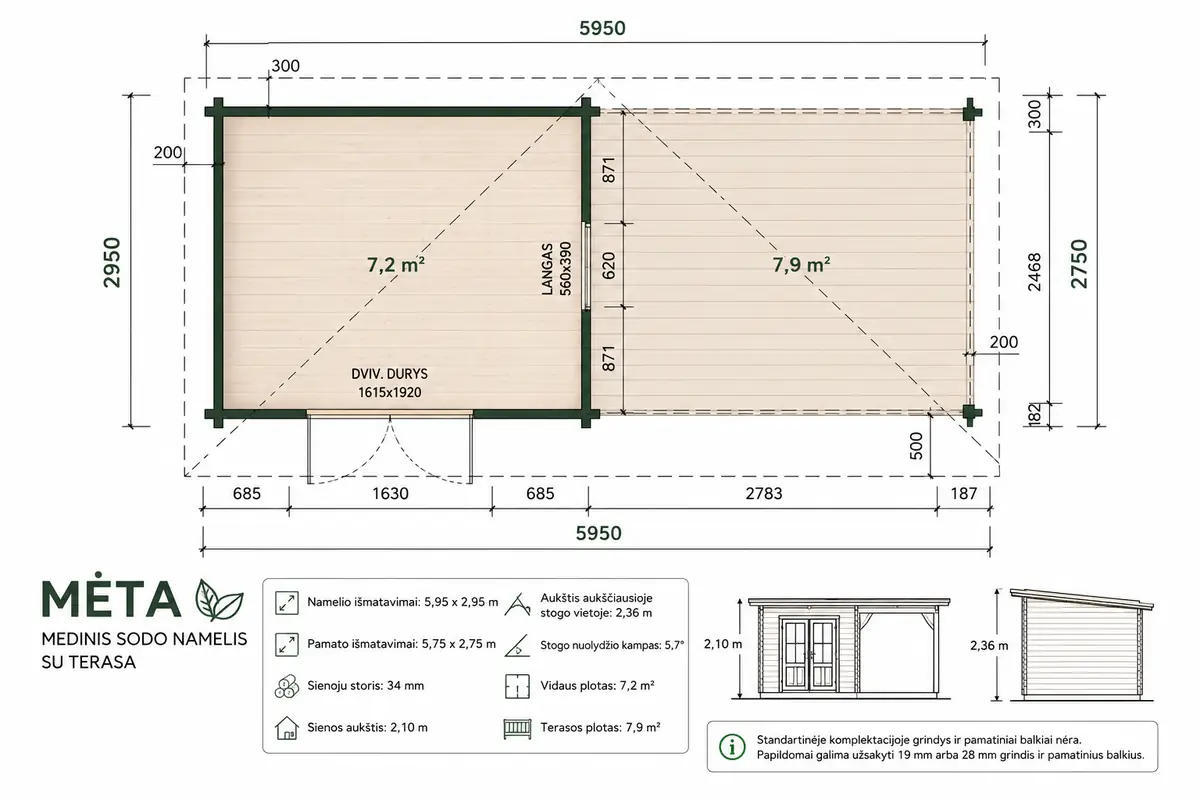 Medinis sodo namelis MĖTA 5,95×2,95 m | 34 mm | su 7,9 m² terasa - Image 8